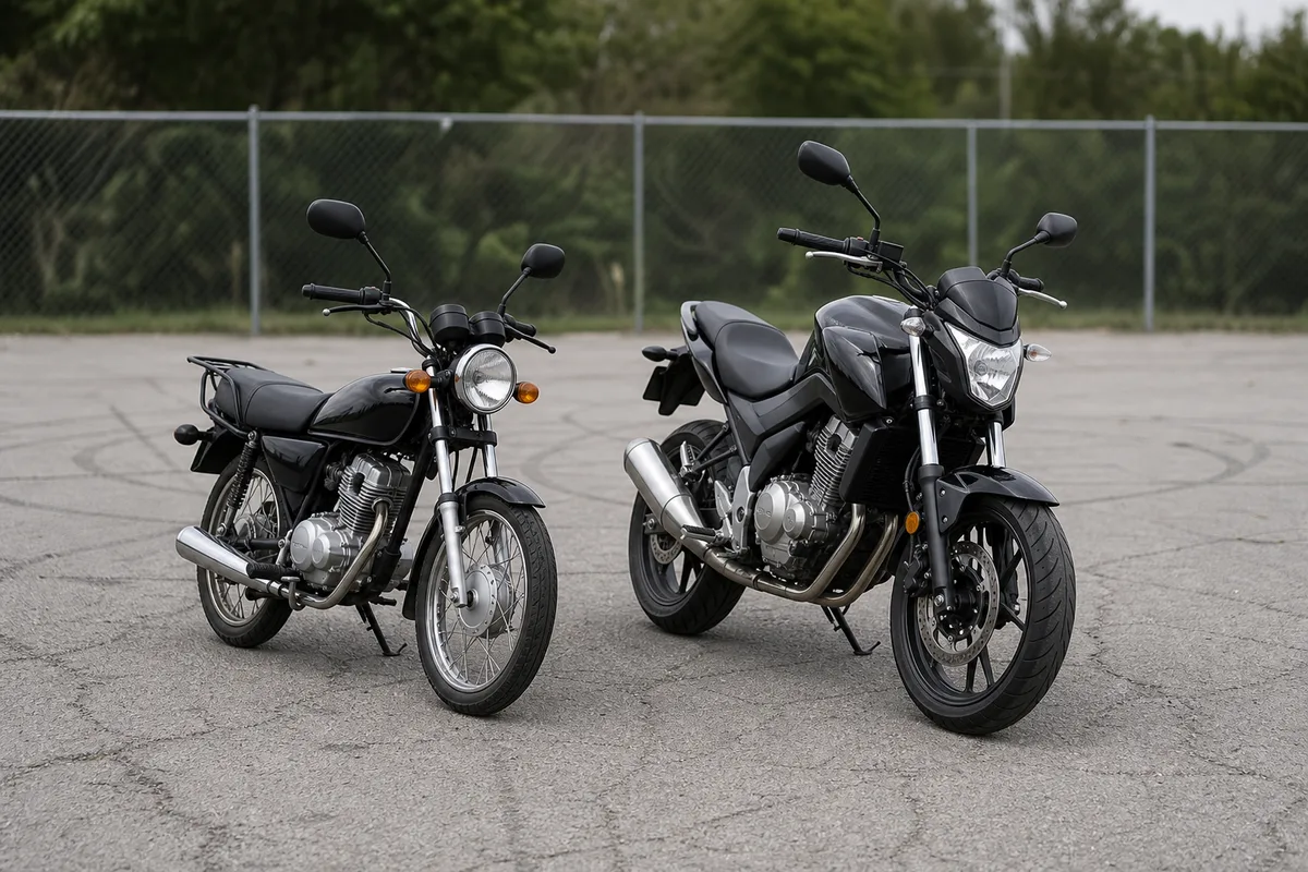 Deux motos-écoles de gabarits différents garées côte à côte