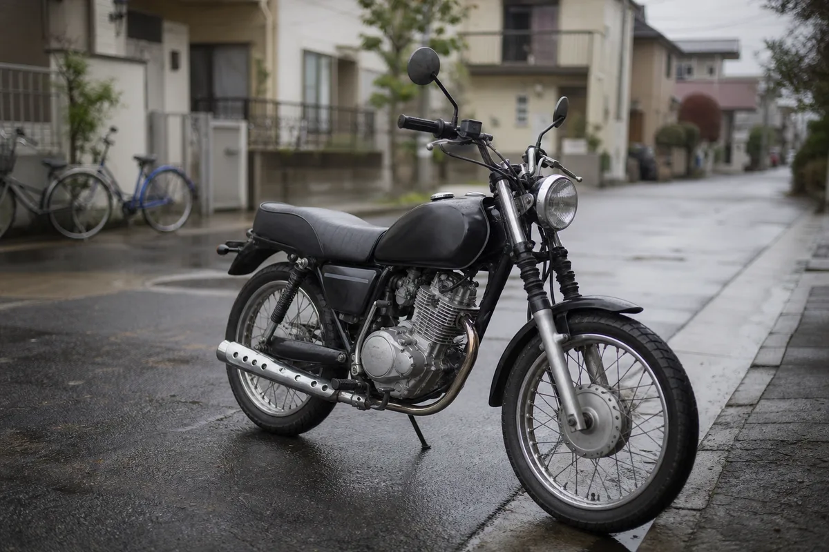 Moto légère 125 cm3 stationnée dans une rue résidentielle calme
